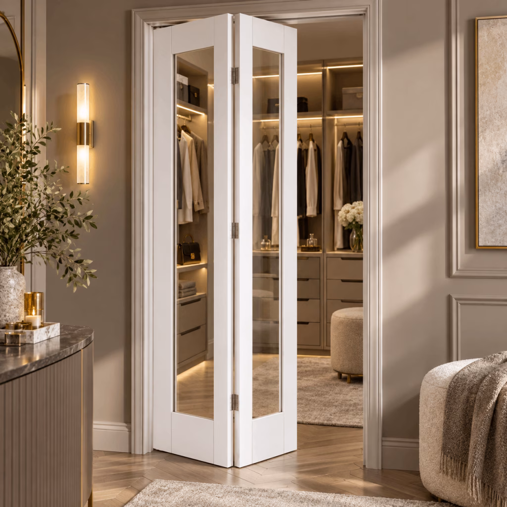 LPD Pattern 10 White Primed Vertical Clear Glazed Solid Engineered Core Bi-Fold Internal Door