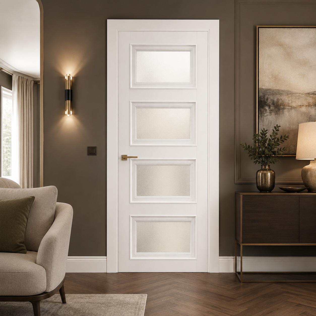 LPD Contemporary White Primed 4L Frosted Glazed Clear Lines Solid Engineered Internal Door clear