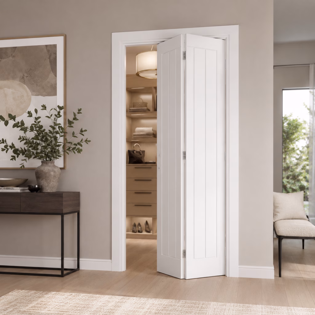 LPD Mexicano White Primed 5 Vertical Panel Bi-fold Solid Engineered Internal Door lifestyle
