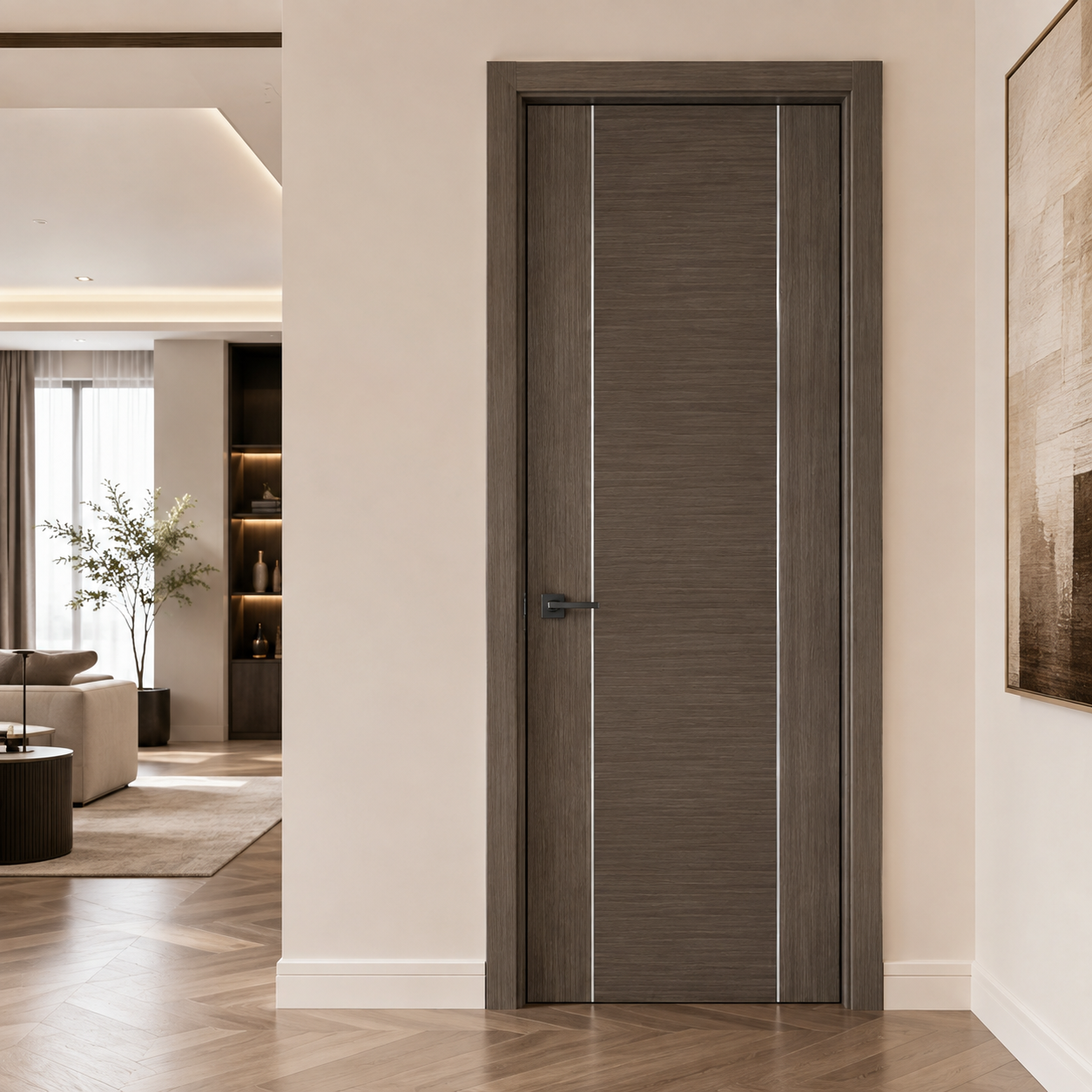 LPD Alcaraz Chocolate Grey Flush Contemporary Vertical Aluminium Inlays Solid Engineered Pre-Finished Internal Door lifestyle