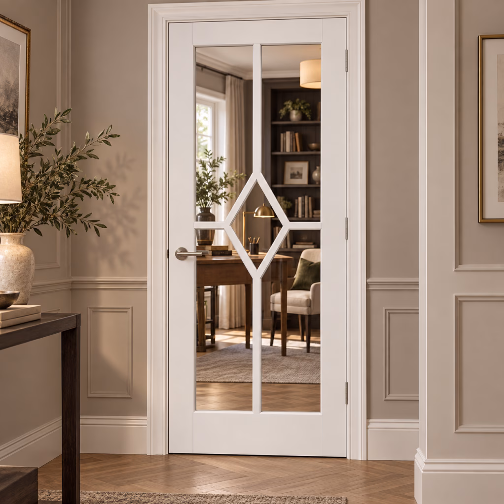 LPD Reims White Primed Clear Glazed Diamond Decorative Beading Smooth Internal Door