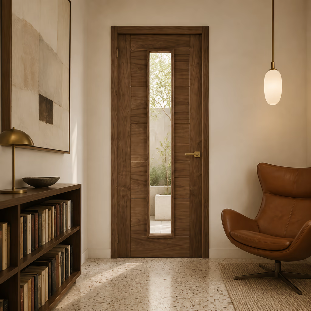 Deanta Seville Prefinished Walnut Glazed 1L Fire Door FD30 lifestyle