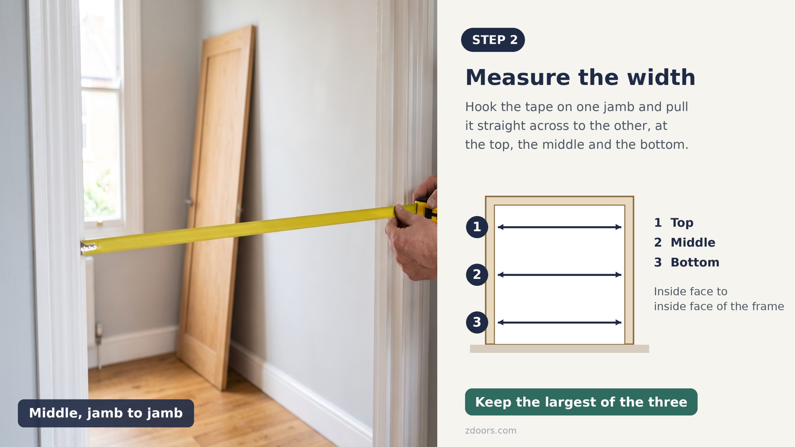Step 2, measure the door width: tape jamb to jamb at the top, middle and bottom, keep the largest