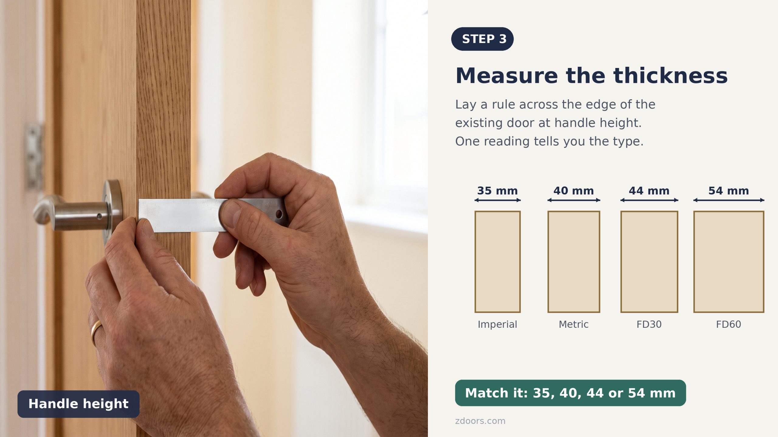 Step 3, measure the door thickness at handle height and match it to 35, 40, 44 or 54 mm
