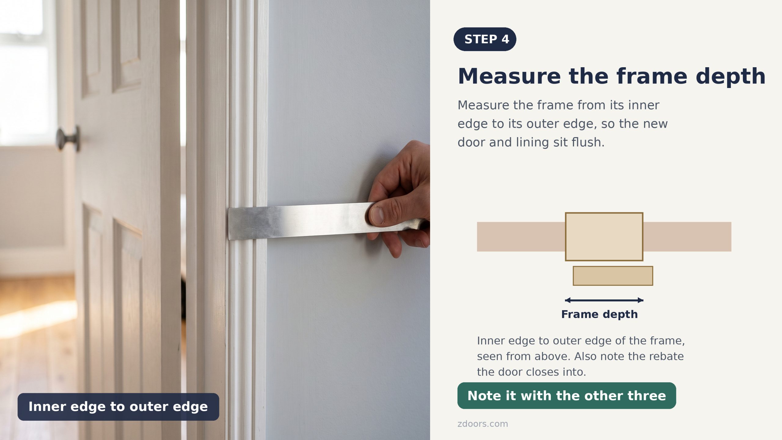 Step 4, measure the door frame depth from its inner edge to its outer edge