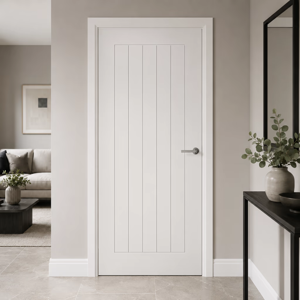 LPD Cottage White 5 Panel Vertical Grooved Pre-Finished Laminate FD30 Internal Fire Door lifestyle