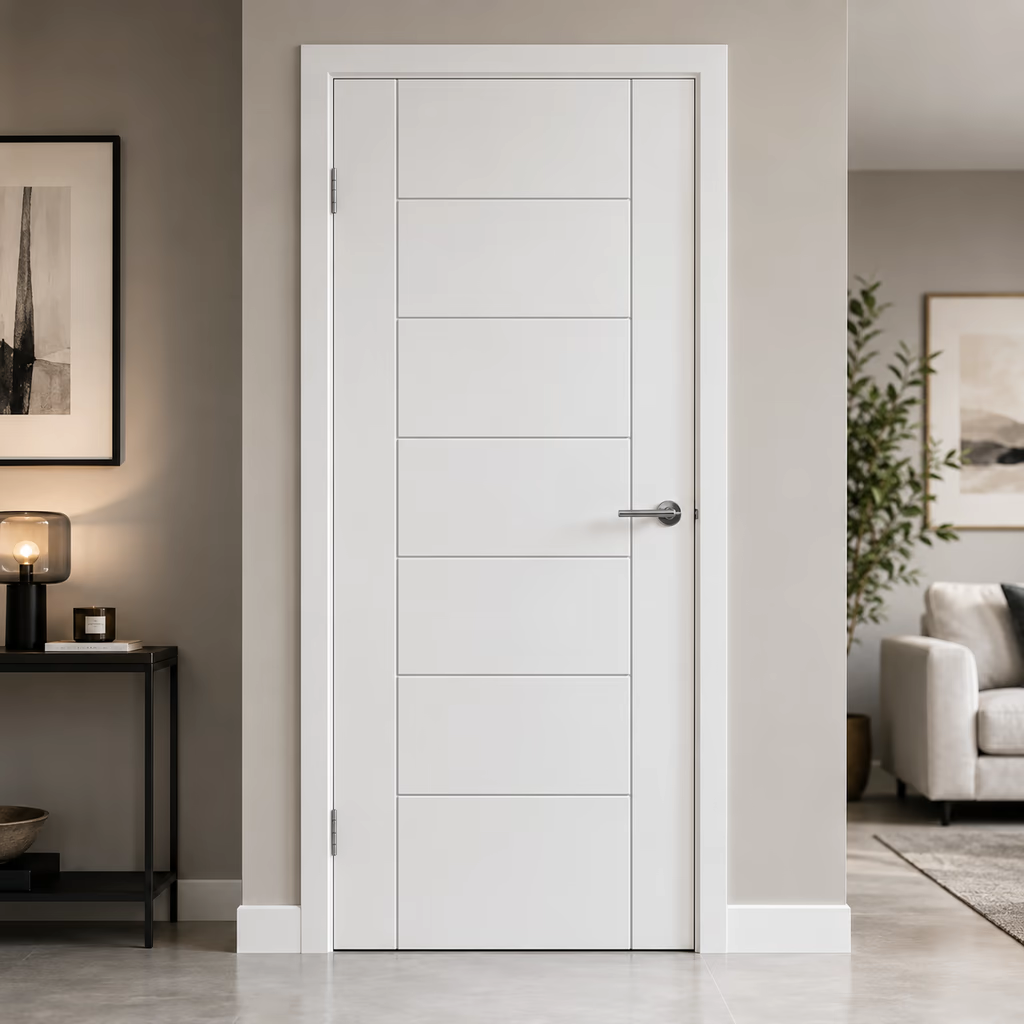 LPD Linear White 7 Panel Ladder Pre-Finished Laminate FD30 Internal Fire Door lifestyle