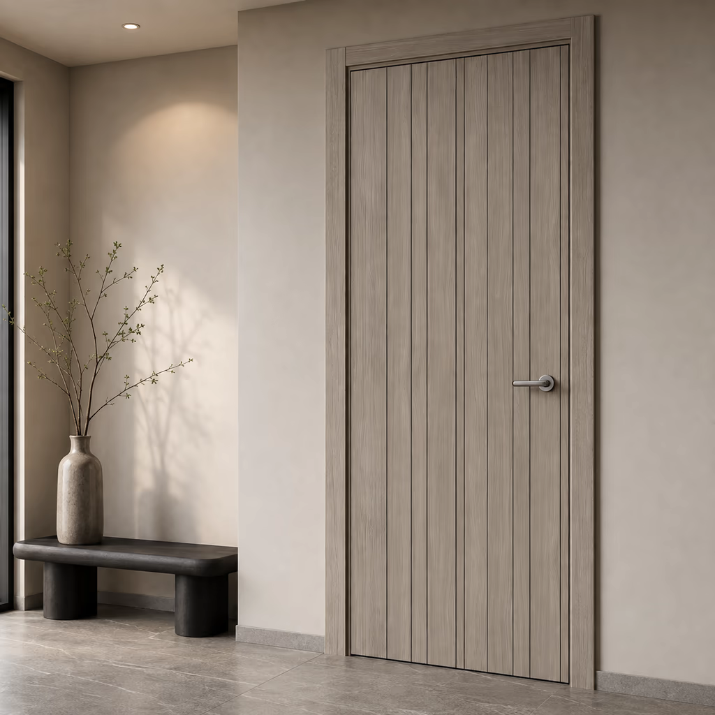 LPD Montreal Light Grey Vertical Panelled Pre-Finished Laminate FD30 Internal Fire Door lifestyle