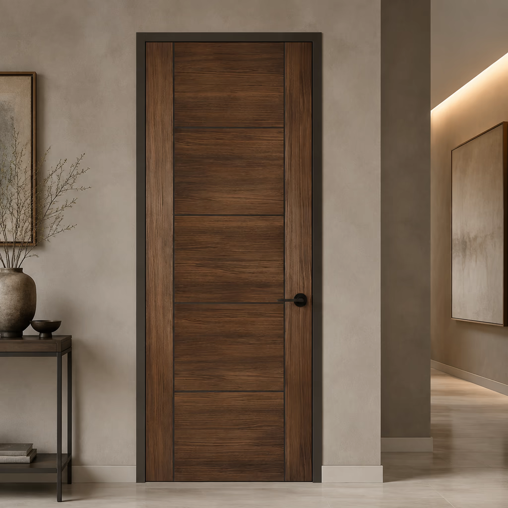 LPD Vancouver Walnut 5 Panel Pre-Finished Laminate FD30 Internal Fire Door lifestyle