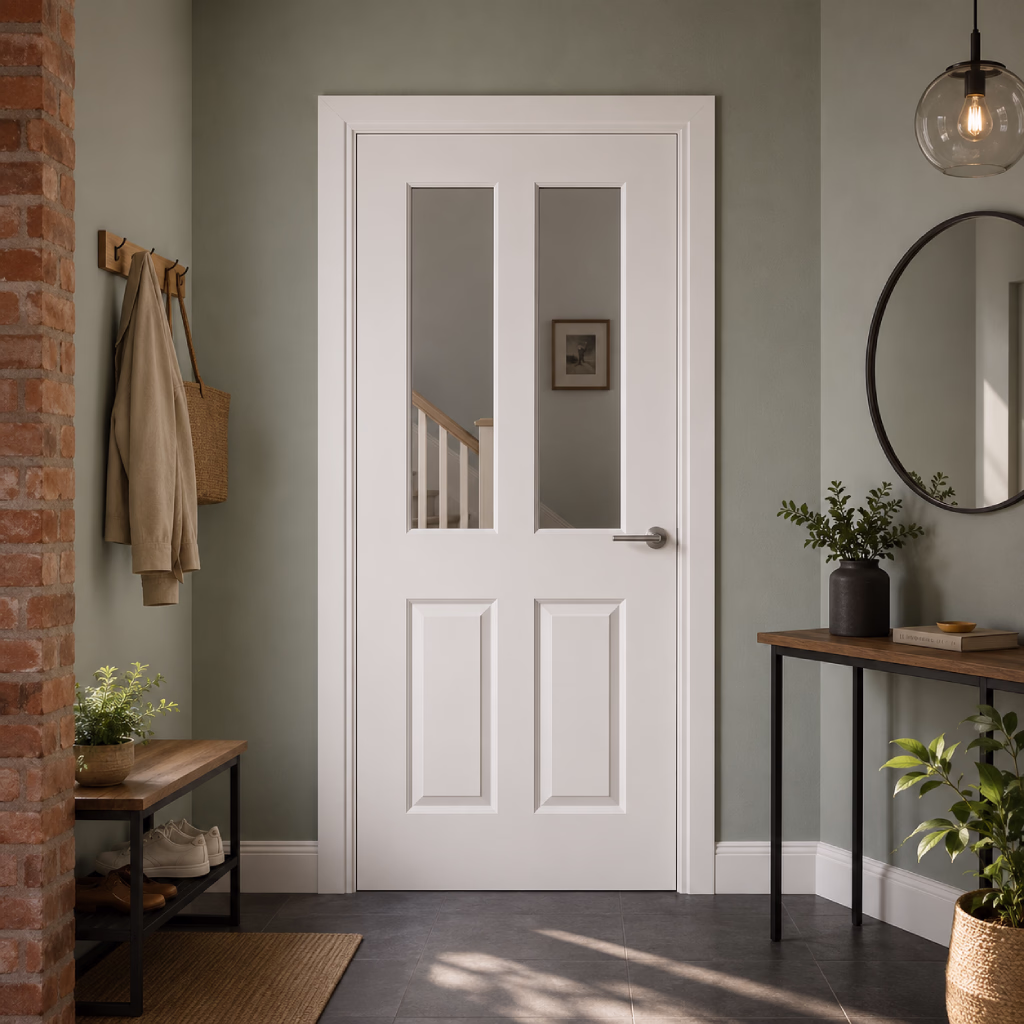 PREMDOR White Primed Smooth 2 Panel 2 Top Clear Glass Internal Hollow Core Door lifestyle