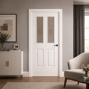 PREMDOR White Primed Textured 2 Panel 2 Top Patterned Glass Internal Hollow Core Door lifestyle