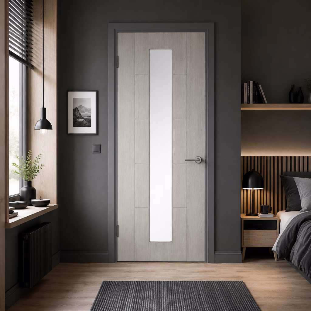 LPD Laminate Ladder Glazed Light Grey Ladder Pre-Finished Laminate Semi Solid Core Internal Door lifestyle