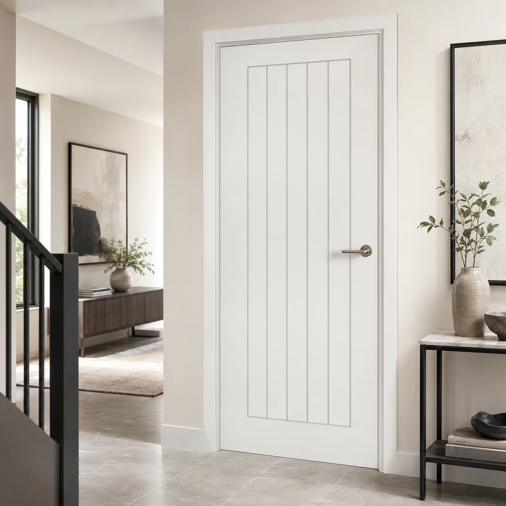 Deanta Ely White Primed Vertical Grooved FD60 Internal Fire Door lifestyle