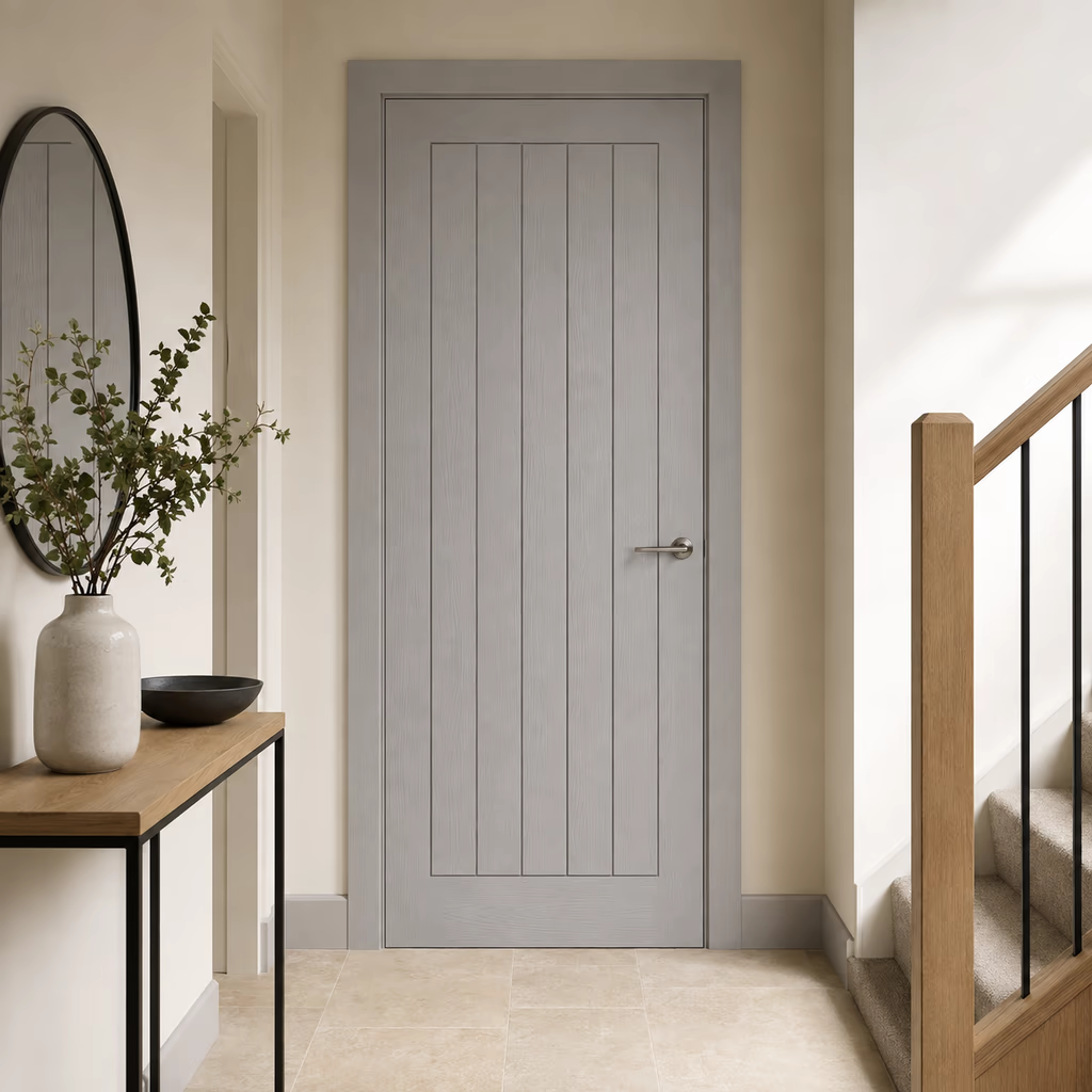 LPD Vertical 5P Grey Square Cut Grooved Textured Moulded Pre-Finished FD30 Internal Fire Door lifestyle