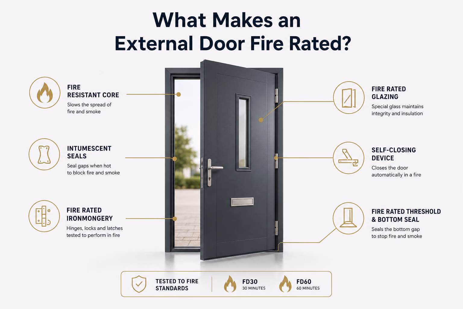 Cutaway diagram of a fire doorset showing core, seals, hinges, glazing, closer and ironmongery