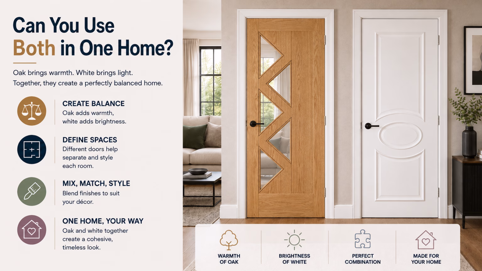 A home with oak internal doors downstairs and white internal doors upstairs