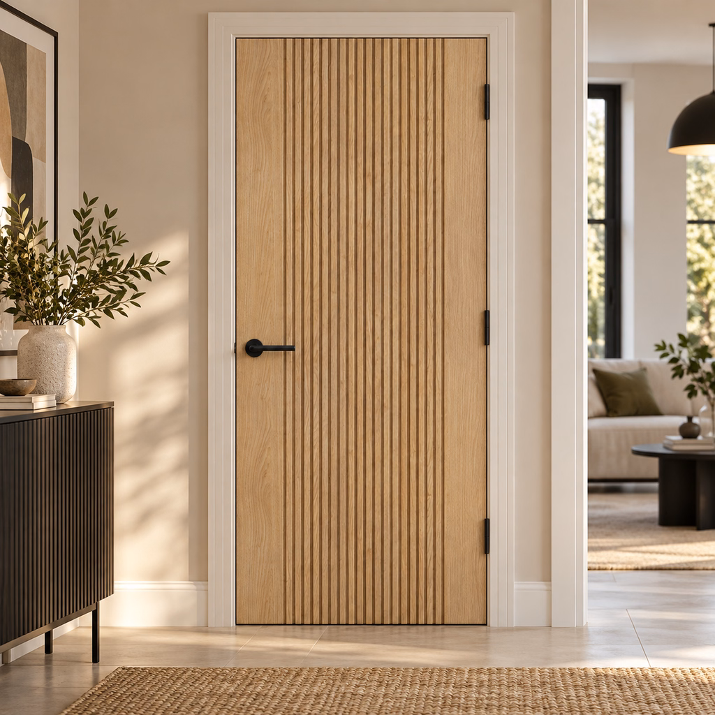 LPD Melbourne Vertical Panelled Pre-Finished Oak Veneer FD30 Fire Door