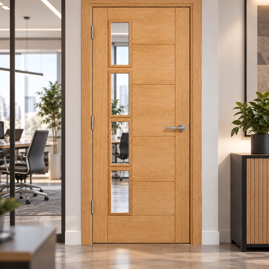 LPD Vancouver 4L Offset Clear Glazed Pre-Finished Oak Veneer FD30 Fire Door